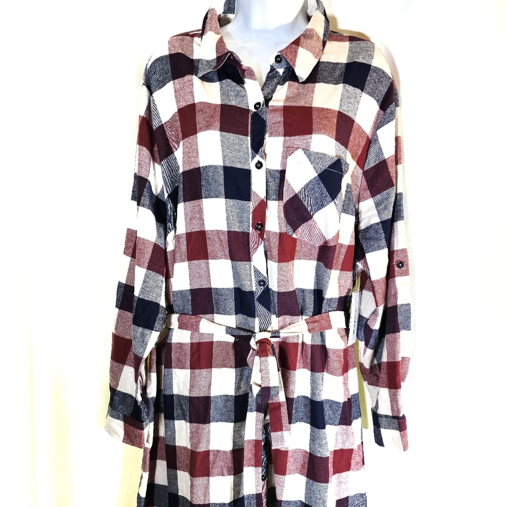 JustFab Plaid Shirt Dress - Red, Blue, White